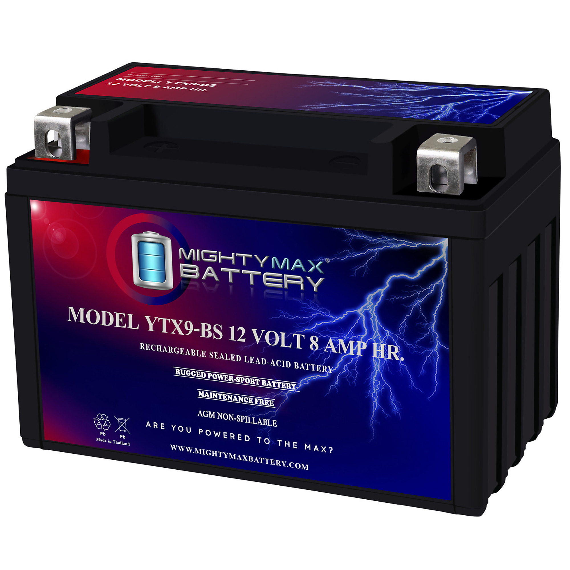 Mighty Max Battery YTX9-BS — 12 Volt, 8Ah, 135 CCA, Rechargeable Maintenance-Free SLA AGM Motorcycle Battery, Model# MAX3416333